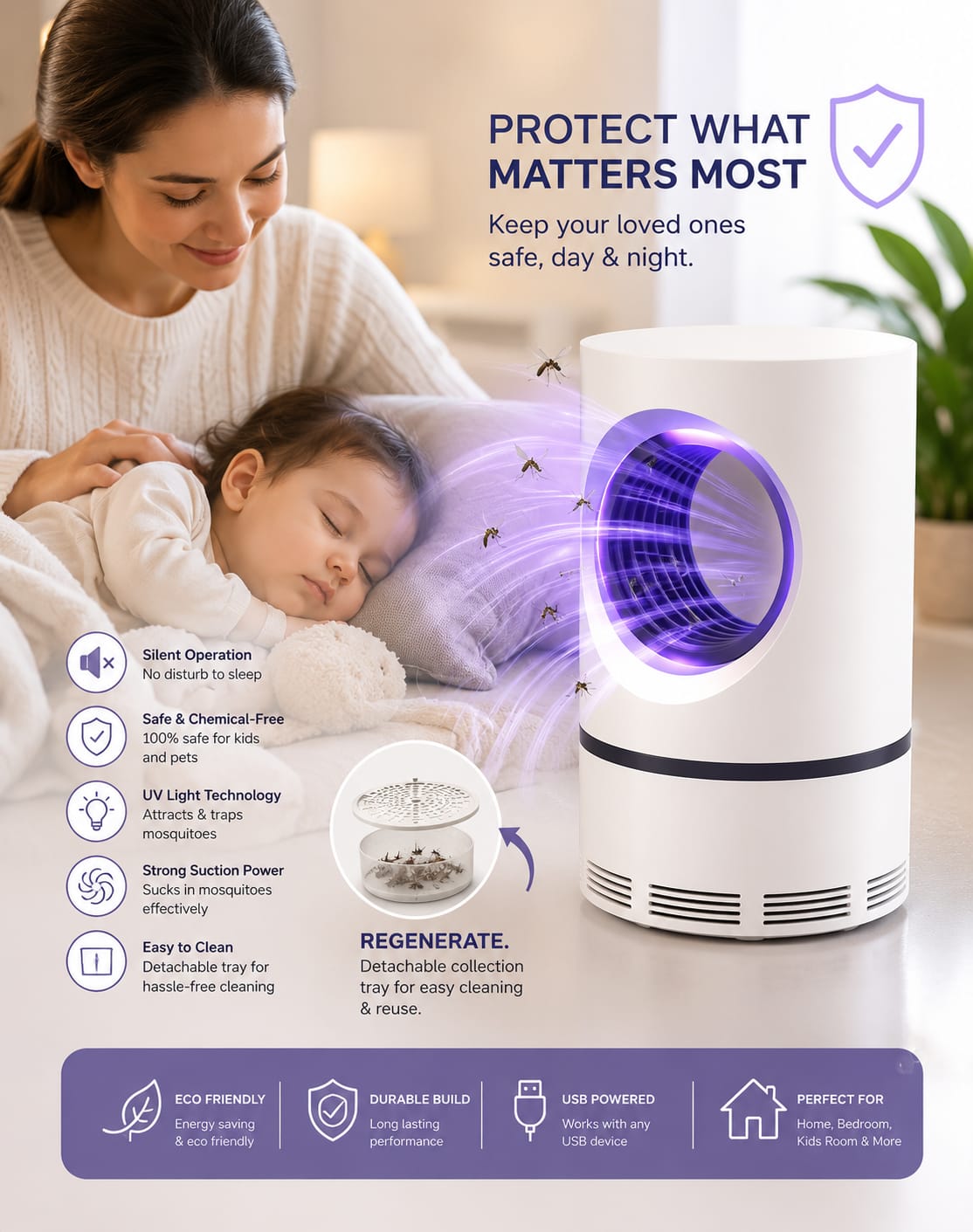 Mosquito Killer Lamp International Eco Friendly Bug Zapper Electric Mosquito Lamp Dual Mosquito Zapper Lamp Indoor Insect Trap Portable Killer Lamp.M61 (White)